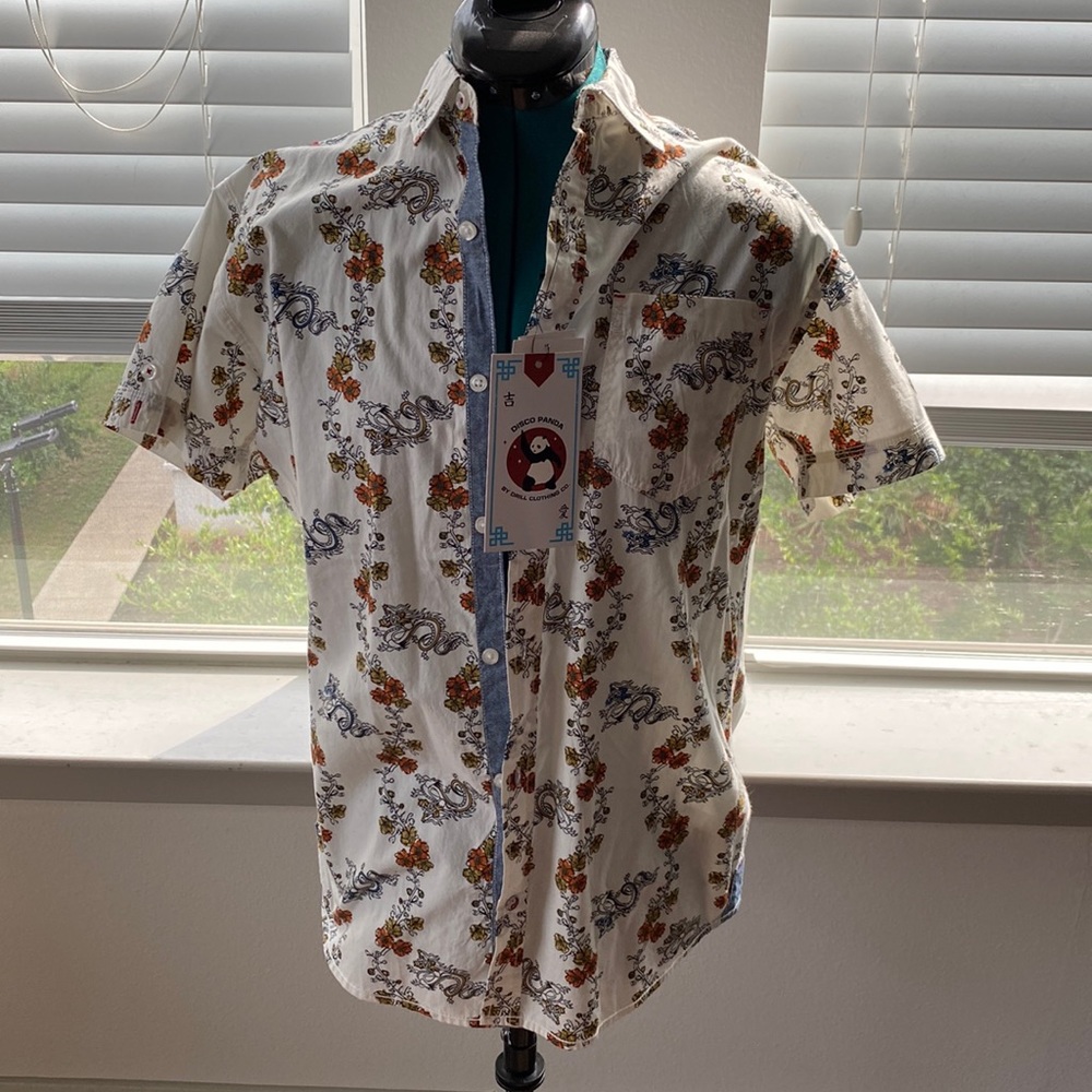 Men’s disco panda dragon floral button up shirt